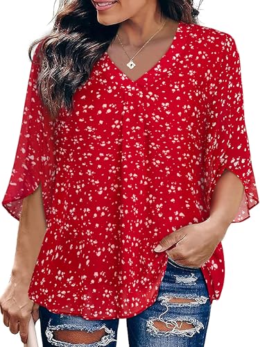 Siddhe Womens Plus Size Tops 3/4 Sleeves Chiffon Blouses Dressy Casual Fall V Neck Loose Fit Double Layers Shirts(XL-5XL)
