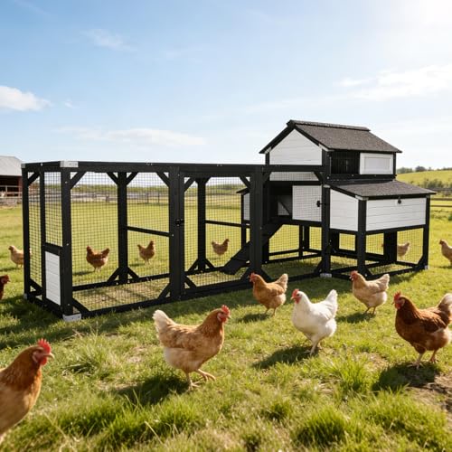 Image of Extra Large Wooden Chicken Coop for 8-10 Chickens, Reinforced Outdoor Hen House with Extended Run, 6 Nesting Boxes, Easy Clean Pull-Out Tray, Waterproof Asphalt Roof - Black, 118 inch L