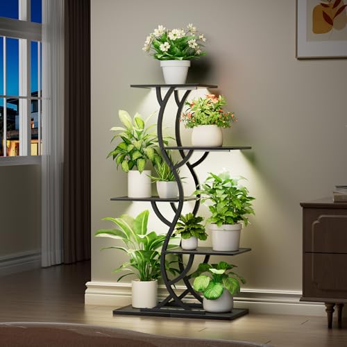Image of Plant Stand Indoor with Grow Lights - 5 Tiered Corner Plant Shelves (Black) | 44 inch Tall Metal Plant Shelf, S-Shape Lighted Flower Holder Dispaly Rack for Living Room, Home, Patio, Balcony