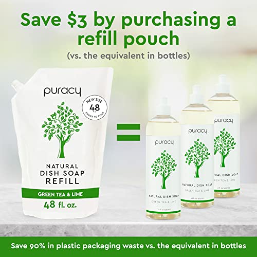 Puracy Natural Dish Soap Refill, Skin-Softening Plant-Based Liquid Dishwashing Detergent Soap, Clean-Rinsing Water-Sheeting Formula, (Green Tea And Lime 48 Oz) #TOP1