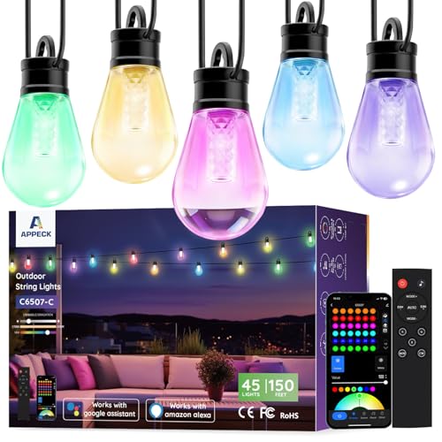 APPECK Outdoor String Lights, 150ft Smart RGBW Patio Lights Outside with 45 LED Bulbs, Extendable, 111 Scene Modes, IP65 Waterproof Lighting for Backyard, Dimmable Warm White, Compatible with Alexa