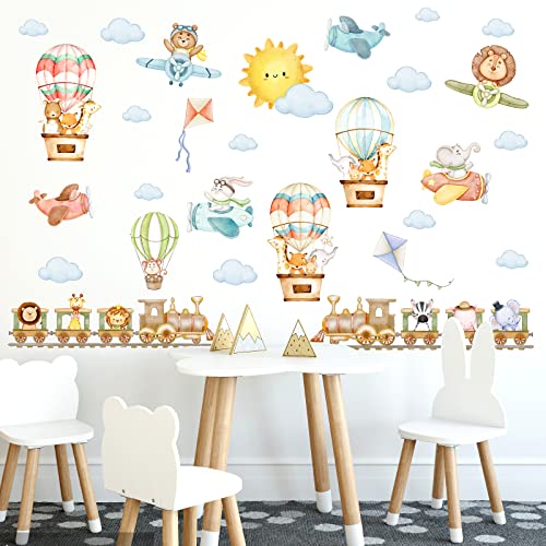 Image of Train Animal Wall Stickers Cartoon Animal Wall Stickers Airplane Hot Air Balloon Wall Decals Watercolor Sun Cloud Wall Decals Cute Balloon Animal Wall Stickers for Nursery Kids Room Playroom Decor