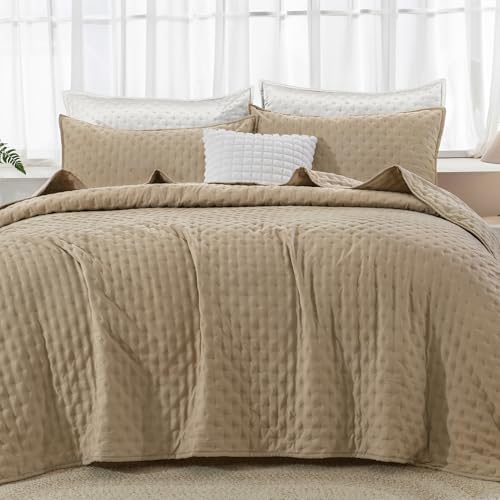 Image of Andency Beige Queen Size Quilt Bedding Set (90x96 Inch), 3 Pieces Soft Lightweight Bedspread Coverlet, Boho Summer Quilt Queen Size for All Season
