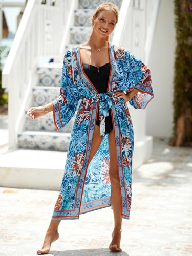 Image of Women's Kimono Cover Up Long Beach Dress Swimsuit Cover Ups Colorful Cardigan Lightweight Robe for Swimwear