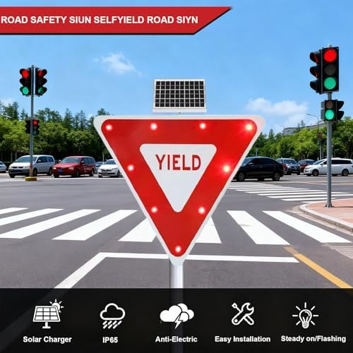 28" Solar Powered LED Flashing Yield Sign with 18.8V Solar Panel & Mounting Accessories - High Visibility Traffic Sign for Crosswalks and Safety Zones