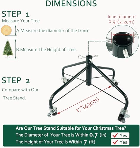 ELFJOY Christmas Tree Stand with Swivel Caster Wheels for 3-7ft. Artificial Tree Base 17inch, Iron Stand, 7/8inch Inner Diameter, Movable Base, Green - Thumbnail 7