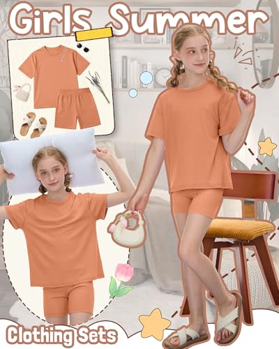 Image of Oakgarden Girls 2 Piece Outfits School Clothes | Back to School, Travel, Summer, Casual Sets, Athletic, Short Sleeve Top, Bike Shorts, Tween, Trendy, Matching Clothing, 5-14Y