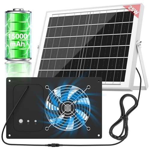 ANTEQI Solar Powered Fan with 15000mAh Battery & Timer, 25W 3500RPM High-Speed Solar Exhaust Fan, Low Noise Waterproof Ventilation for Chicken Coop, Greenhouse, Shed, Pet House & Window