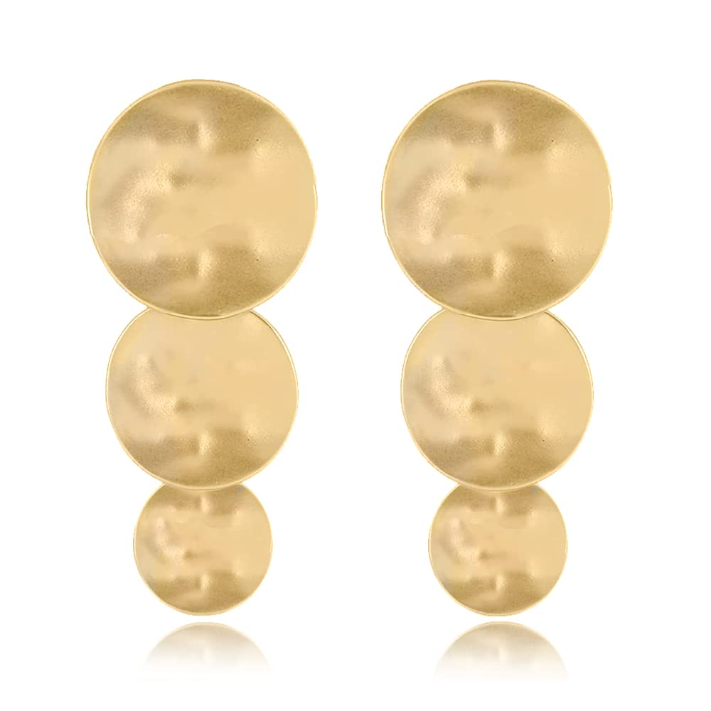Matte Gold Silver Disc Drop Dangle Clip On Earrings for Women Large Dics Statement Chandelier Earrings for Party Prom