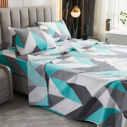 Merryword Geometric Bed Sheet Set 4 Piece Full Size Sheet Set Ultra Soft Grey Teal Chevron Pattern 100% Microfiber Bedding Sheets Deep Pocket Fitted Sheet& Flat Sheet& Pillowcases (Full, Teal) #TOP1