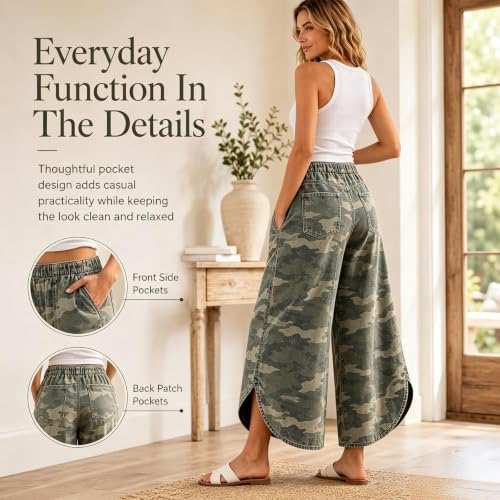 Women's Olive Camo Wide Leg Jeans, Elastic Waist Tulip Hem - image 4