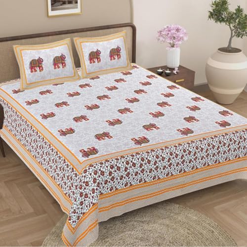 Image of Jaipur Weaves Jaipuri Cotton King Size Bedsheet 108x108 Super King, 144 TC 100% Pure Cotton Double Bed Sheet with 2 Pillow Covers, Royal Elephants Traditional Print - (Elephants Orange)