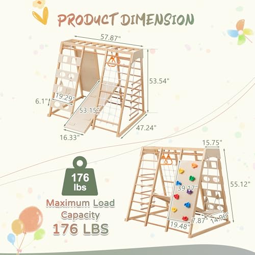 Image of 9-in-1 Toddler Indoor Jungle Gym & Playground Set, Wooden Climbing Toy with Slide, Swing, Climbing Net, Rings - Montessori-Inspired Kids Playset for Indoor Fun & Development, Ages 3-8