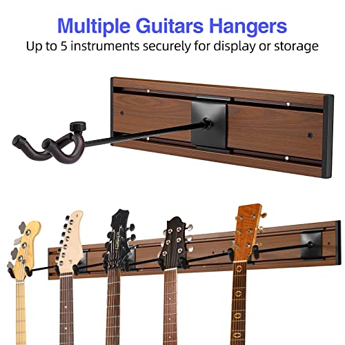 Pogolab 5 Guitar Wall Rack Mount With Strong Guitar Hangers For Electric Acoustic And Bass Guitars, Multiple Guitars, Banjo And Mandolin, Walnut Print Aluminum Slatwall Rail System #TOP1