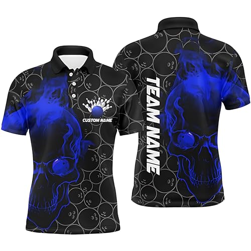 Personalized Blue Skull Men's Bowling Polo Shirts - Custom Bowling Jerseys for Teams - Bowling League Outfits P5417