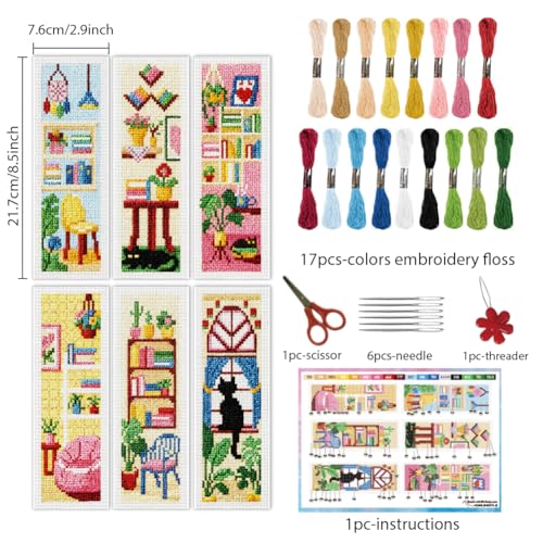 Image of INFUNLY 6PCS Sweet Home Cross Stitch Bookmarks Kit 3x8.5inch Cat Window Stamped Embroidery Bookmark Kit Life Scenarios Needlepoint Bookmark Set with Instruction for Book Lover Reader Writer