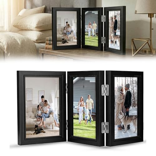 GWAEPU Marco de Fotos Múltiple Plegable de Madera para 3 Fotos 10x15 cm: Tríptico de Fotos Decorativo para Escritorio, Oficina, Familia, Boda, Cumpleaños y Regalo