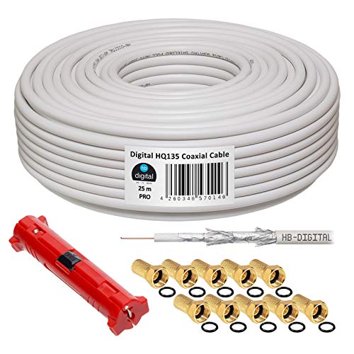 HB-DIGITAL HQ-135 PRO Cable coaxial SAT de 25m 135dB 4 veces apantallado incl. stripper y 10 conectores F chapados en oro Cable de antena DVB-S / S2 / S2X DVB-C y DVB-T / T2 UHD 4K Full HD 3D