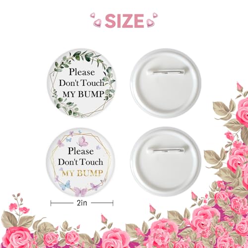 Image of 2 Pcs Do Not Touch My Bump Button Pins, Greenery Pregnancy Badge Pins, Butterfly Pregnant Stain Brooch Button for Pregnancy Announcement /Welcome Baby Party Decorations