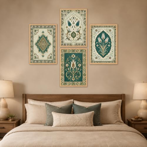 Image of Livin'luxe Set of 4 Ottoman Tulip Floral Wall Paintings with Sparkle Laminate and Premium Wooden Synthetic Frame for Living Room Bedroom Office Decor (13.5 x 19.5 Inch)