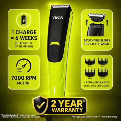 Image of VEGA Alpha Lite Beard Trimmer for Men, Self-Sharpening Blades, Trimmer for Man, 4 Comb Attachment, Up to 6 Weeks Runtime 1 Charge, USB Type-C 2X Fast Charging, 2 Yrs Warranty(VHTH-44)