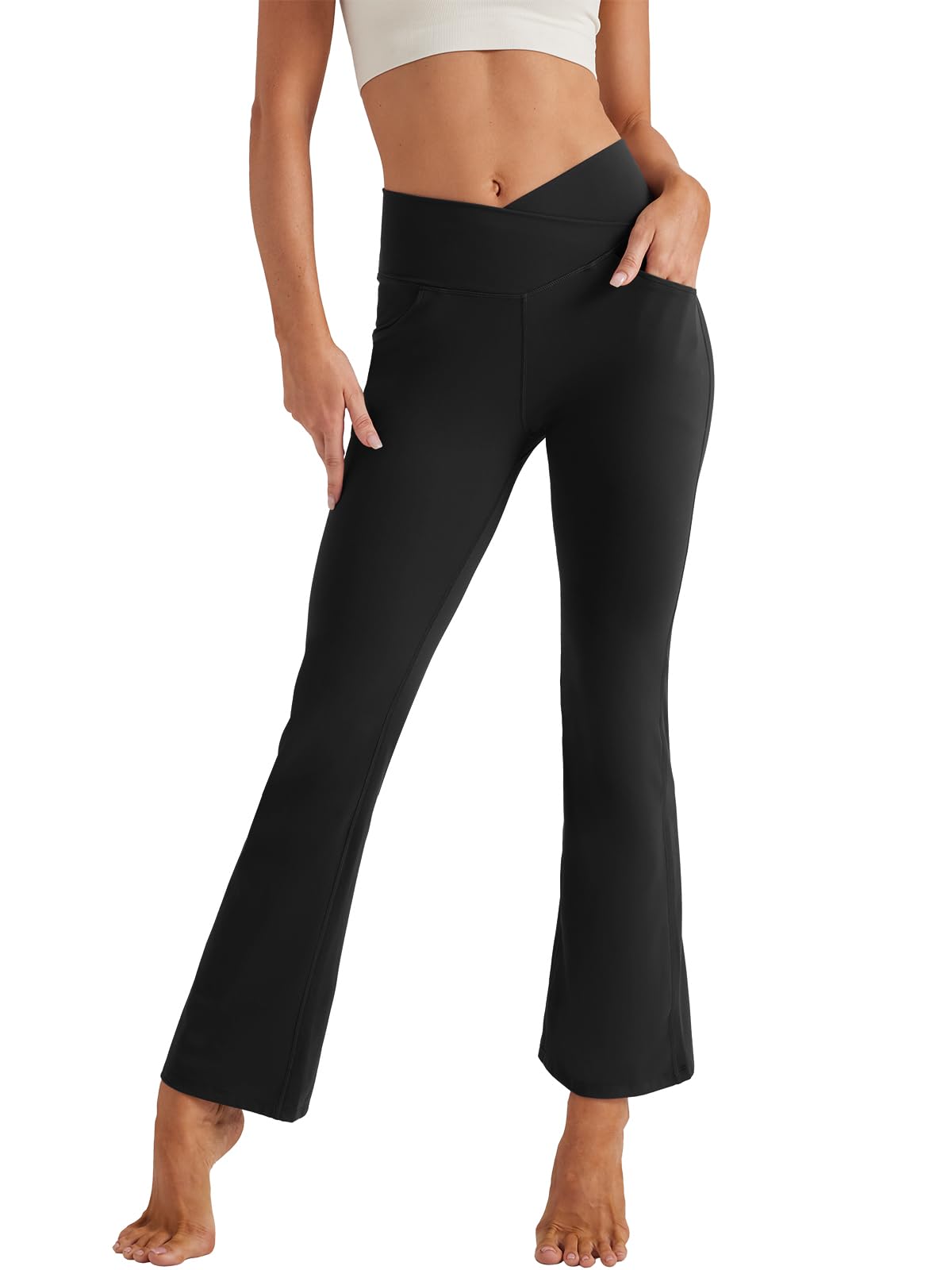 Friptspyg Femmes Bottes en Forme de Yoga Pantalons en V Haute Ceinture Poches Pattes Leggings Fitness Gym Exercice Jogging D'entraînement Pantalons
