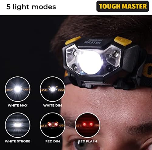 TOUGH MASTER Head Torch Rechargeable, Mini LED Headlamp 250 Lumens, Motion Sensor 6 Hour Battery Life, Adjustable Angle, Ultra Bright 5 Light Setting Lightweight Headlight