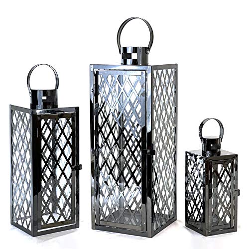 Image of allgala Lantern Jumbo Deluxe Modern Indoor /Outdoor Candle Stainless Steel Rectangular Frame with Lattice Grid Tempered Glass for Garden Poolside Fireplace Wedding (Pack of 3, 12 Inch, Black)