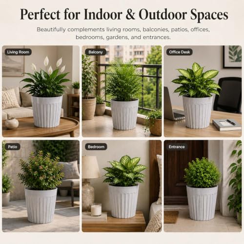 Image of Go Hooked Round Planter Pot (8Inch, Pack of 3) | White Marble Texture Stylish Modern Ribbed Design | Decorative Indoor Outdoor Plastic Flower Pots for Balcony, Living Room, Garden, Home & Office Decor