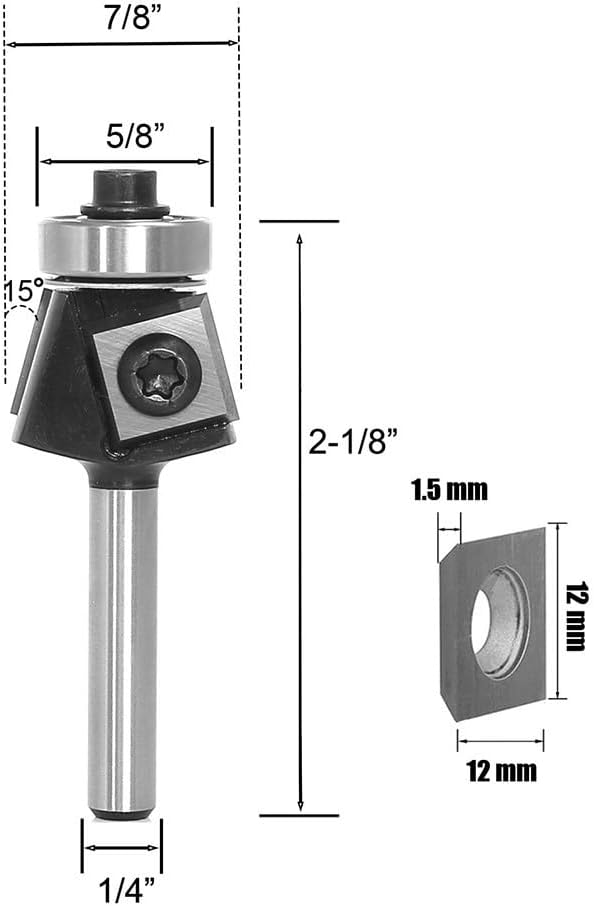 15 Degree Oblique Angle Router Bit with Bearing, 1/4 Inch Shank Carbide Tipped Milling Cutter Wood Slab Flattening, Trimming and Planing CNC or Handheld Routers, Silver