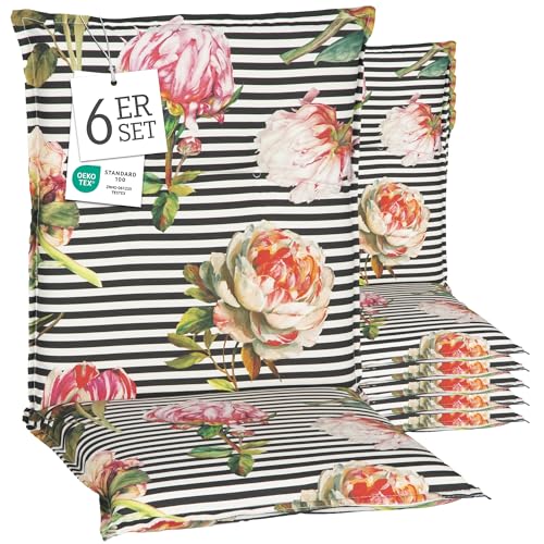 Beo® Turin Niedriglehner Gartenstuhlauflagen 6er Set | Waschbar | Made in EU | Öko-Tex Standard | Atmungsaktiv | UV-beständig | 8 cm Dicke Sitzkissen Outdoor