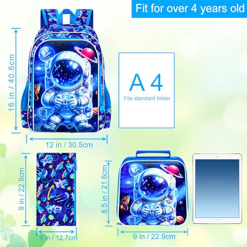 Image of 16 inch Space Backpack for Boy, 3Pcs Astronaut Bookbag for Elementary Preschool Kindergarten, Kids School Backpacks with Lunch Box (Blue)
