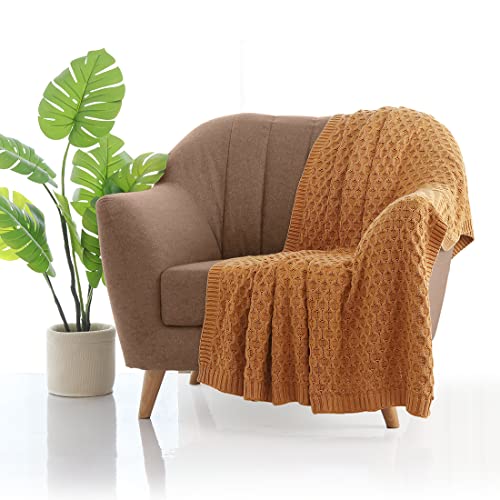 Image of Pluchi Kelly Knit Cotton Knitted Textured All Season AC Throw Blanket for Sofa (Luxurious,125cm X 150cm, 49 x 59 Inches) (Mustard)