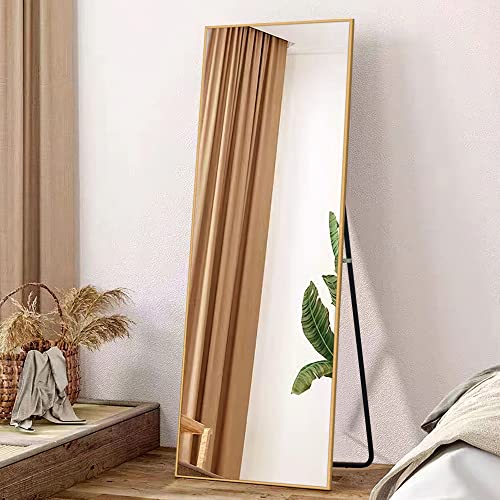 Image of NeuType 59 inchx16 inch Full Length Mirror with Standing Holder Aluminum Alloy Frame Floor Mirror Wall-Mounted Mirror for Living Room, Bedroom, Hanging or Leaning Against Wall, Golden (with Stand)