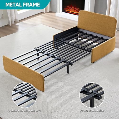 Image of BALUS 43 inch W Twin Size Sleeper Couch Bed Pull Out Sofa with Pullout Beds, 2 in 1 Convertible Linen Single Sleepers Sofas Chair with Foldable Mattress and Pillows for Small Space Apartment, Yellow