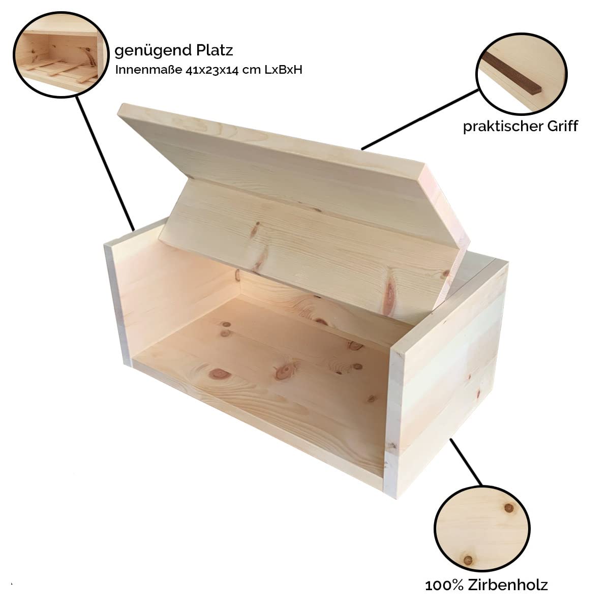 4betterdays Brotkasten Zirbenholz mit Klappdeckel 45 x 25 x 16 cm | Vollholz, Nussholzgriff, Einlegegitter, Made in Austria, extra hoch, naturbelassen, platzsparend, für große Brotlaibe