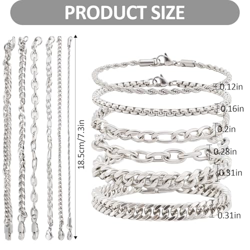 Set de 6 pulseras de acero inoxidable plateadas para hombres miniatura 3