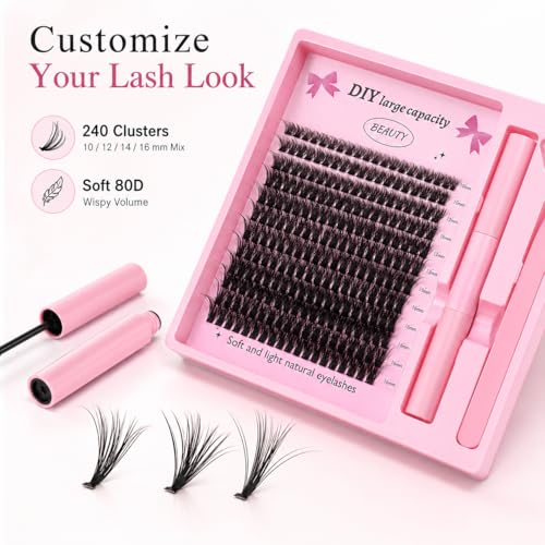 Image of 240 Clusters 80D Volume DIY Segment Lashes - D Curl 10-16mm, Individual Eyelash Extensions Kit with Glue & Tweezer, Natural Fluffy False Eyelashes for Women, Self Adhesive Anime Wink Lashes Bullet Points