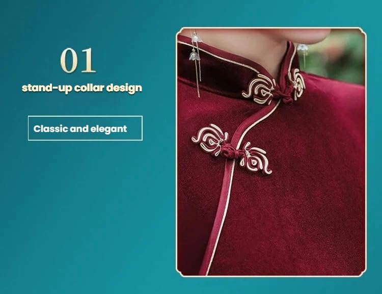 Generico Abiti Cinesi da Donna in Velluto Cheongsam Lungo con Colletto alla Coreana vestibilità Attillata Maniche A 3/4 Aderenti in Velluto Tinta Unita Abiti da Sera Qipao con Spacco Laterale Sexy