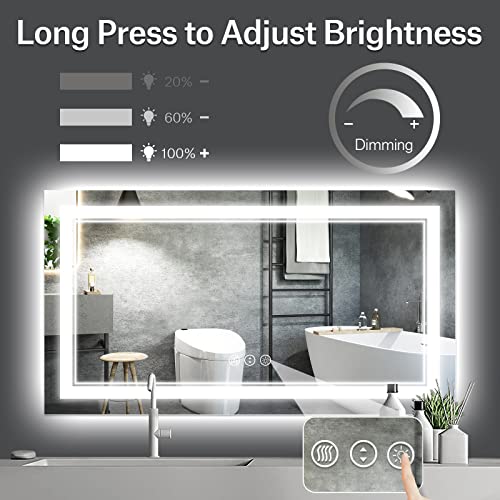 55x30 Inch LED Bathroom Mirror, Backlit and Front Light Anti-Fog Dimmable Memory Lighted Vanity Mirror, Large Shatterproof Wall-Mounted Led Mirror for Bathroom