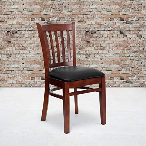 Image of Flash Furniture 4 Pack HERCULES Series Vertical Slat Back Mahogany Wood Restaurant Chair - Black Vinyl Seat