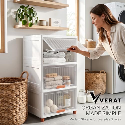 Image of VERAT 3 Tier Cupboard for Storage /Stackable Plastic Storage Cabinet /Foldable Wardrobe for Clothes /Multipurpose Storage Organizer /Closet for Bedroom /Living Room /Kitchen (Transparent & White)