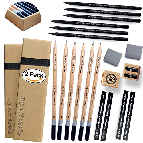 Sketch pencils for drawing and shading - 20pcs art sets with sketching pencils and erasers for all professional artists - dual pack charcoal and graphite pencils