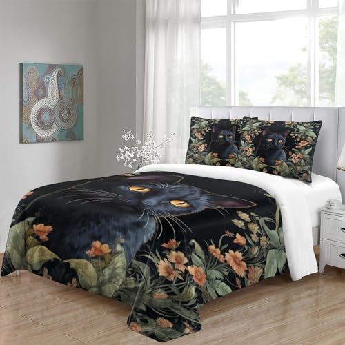 Housse de couette chat imprimé 3D fleurs parure de lit microfibre douce King - 5