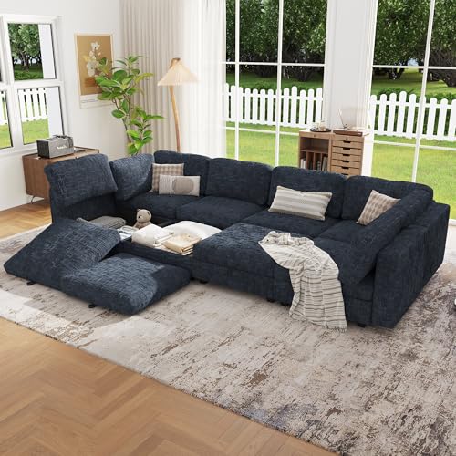 Image of 128 inch Modular Sectional Chenille Sofa bed with Hidden Storage, Comfy Modern 8 Seater Oversized Deep Seat Couch, Modular Sectional with Ottoman and Removable Cover for Living Room, Apartment, Black
