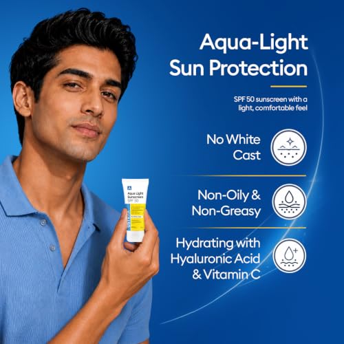 Image of Ustraa Aqua Light Sunscreen SPF 50 PA++++ for Men - 30g | No White Cast | Non-Oily & Non-Greasy Formula with Hyaluronic Acid & Vitamin C | UVA /UVB Protection