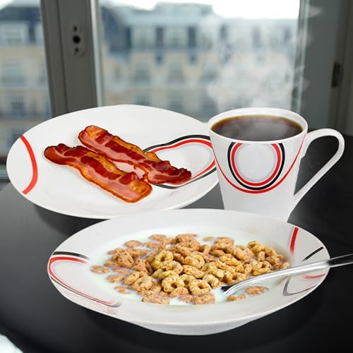 16 Piece Dinner Set - Red & Black Patterns Dinnerware Set | 4 Bowls, 4 Side Plates, 4 Mugs, 4 Soup Plates | Kitchen Microwave & Dishwasher Safe - for Cereal, Desserts, Porcelain Cup, Gift - Image 3