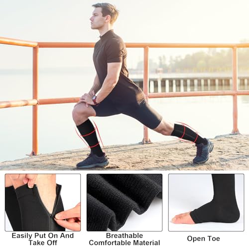 Image of Nuanchu 3 Pairs Open Toe Zipper Compression Socks 20-30mmhg Zipper Compression Toeless Knee High Socks for Men Swelling Edema