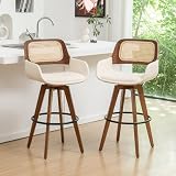 AQG Bar Stools Set of 2, 29.7 Inch Rattan Swivel Bar Height Bar Stools with Cane Back, Upholstered Seat, Faux Leather Barstools for Kitchen Island (Beige, 29.7"-2 PCS)