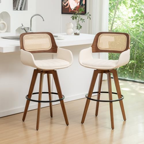 AQG Bar Stools Set of 2, 29.7 Inch Rattan Swivel Bar Height Bar Stools with Cane Back, Upholstered Seat, Faux Leather Barstools for Kitchen Island (Beige, 29.7"-2 PCS)